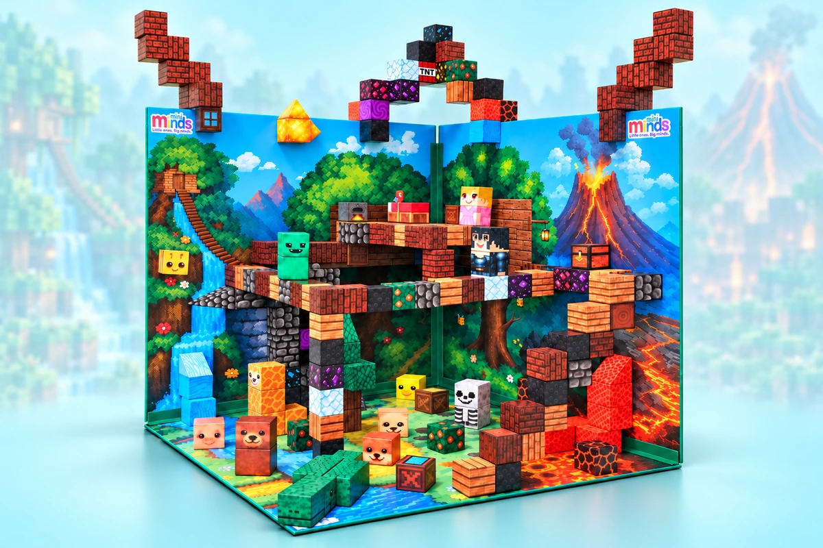 The Mini Minds Forest and Lava Magnetic Blocks world with its printed boards and imaginative constructions