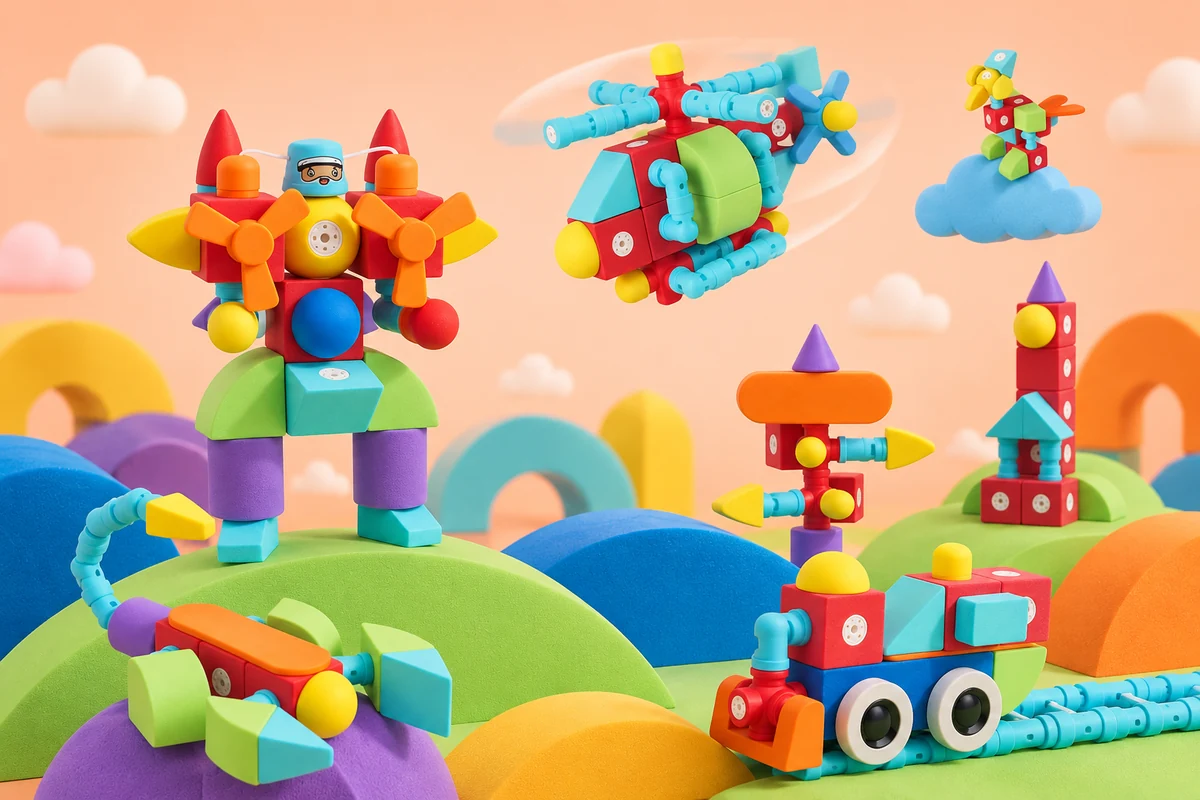 Colorful soft magnetic foam shapes become imaginative creatures and constructions