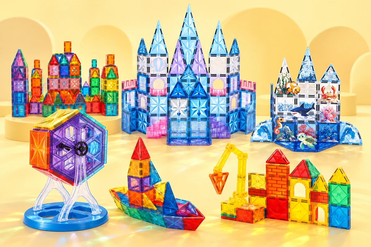 Colorful Mini Minds Magnetic Tiles constructions from across the collection