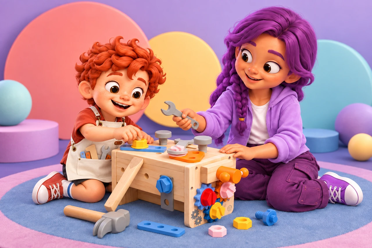 Rilo wears the builder apron and turns a bolt while Ziva offers a wrench at the wooden toolbox