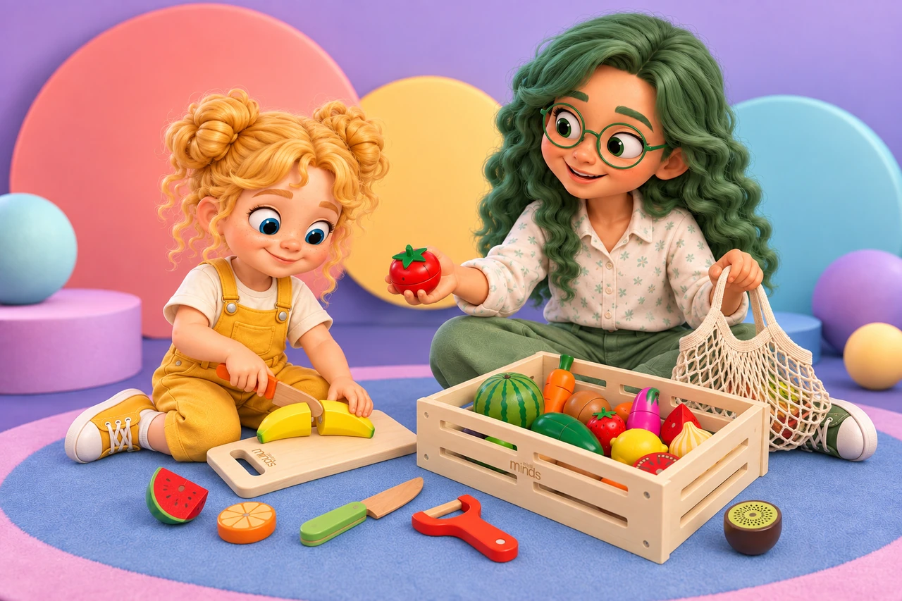 Mavi cuts a wooden magnetic fruit on the toy cutting board while Sena offers another fruit, playing together with the Mini Minds fruit and vegetable set