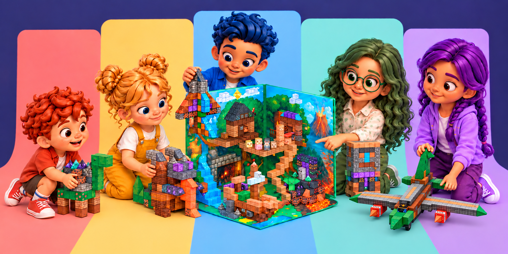 Rilo builds a dinosaur, Mavi a dragon, Kiro the Forest & Lava world, Sena points beside a tall totem, and Ziva explores a large airplane