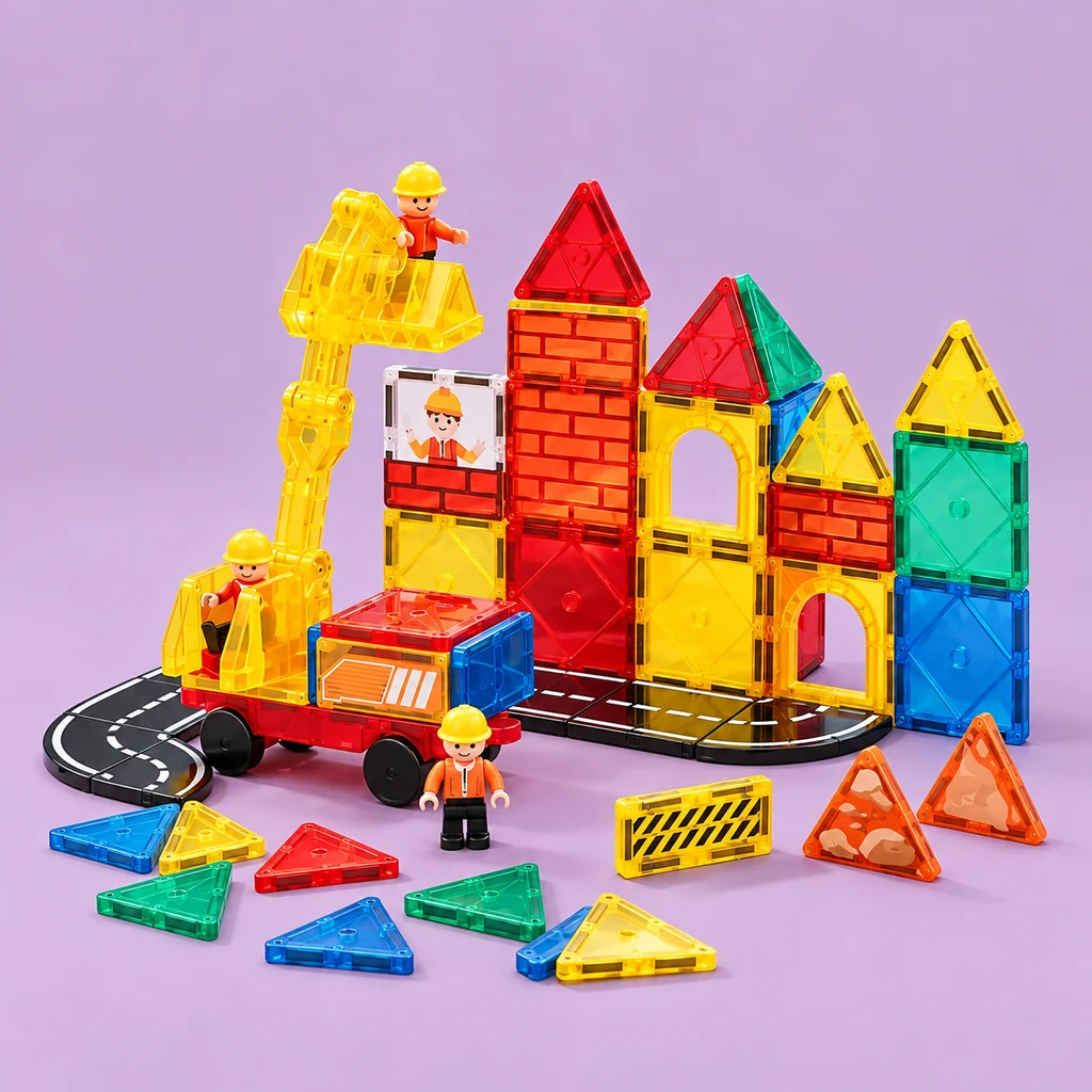 Building Magnetic Tiles with crane and road on a lavender studio background