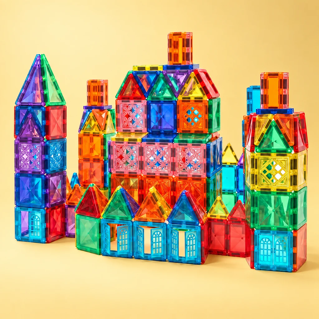 Colorful Classic 120 Magnetic Tiles castle on a yellow studio background