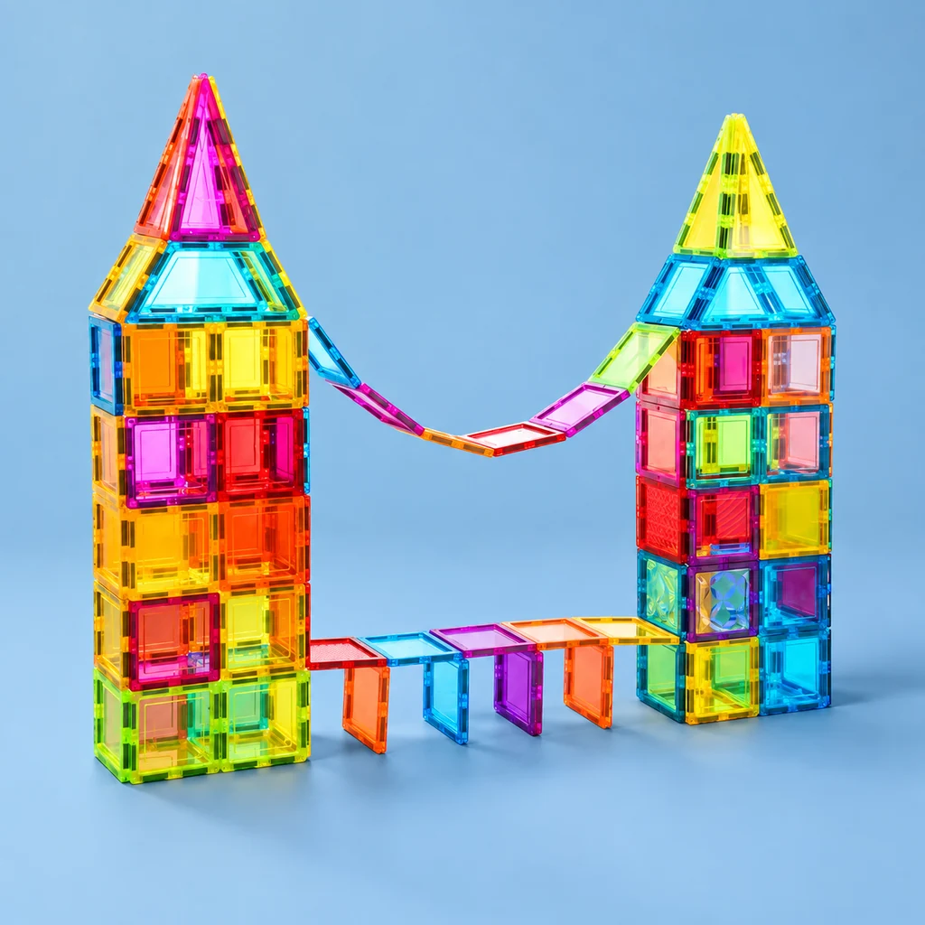 Classic 220 Magnetic Tiles towers and bridge on a blue studio background