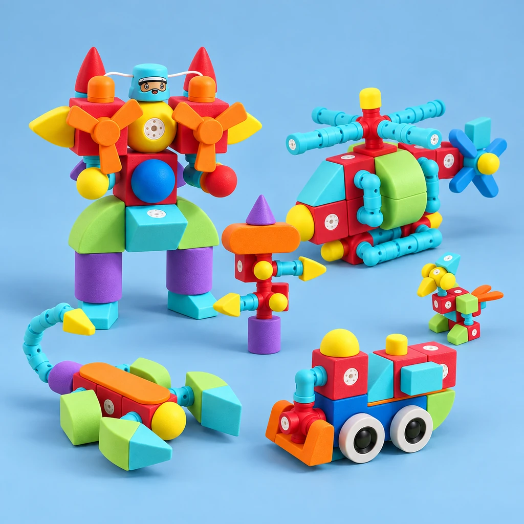 Colorful magnetic foam creatures on a blue studio background
