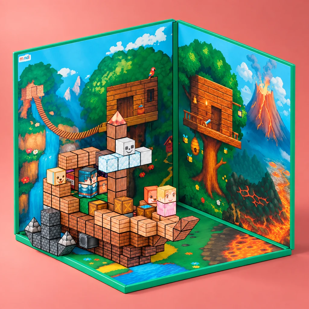 Forest and Lava Magnetic Blocks construction with printed boards on a coral studio background