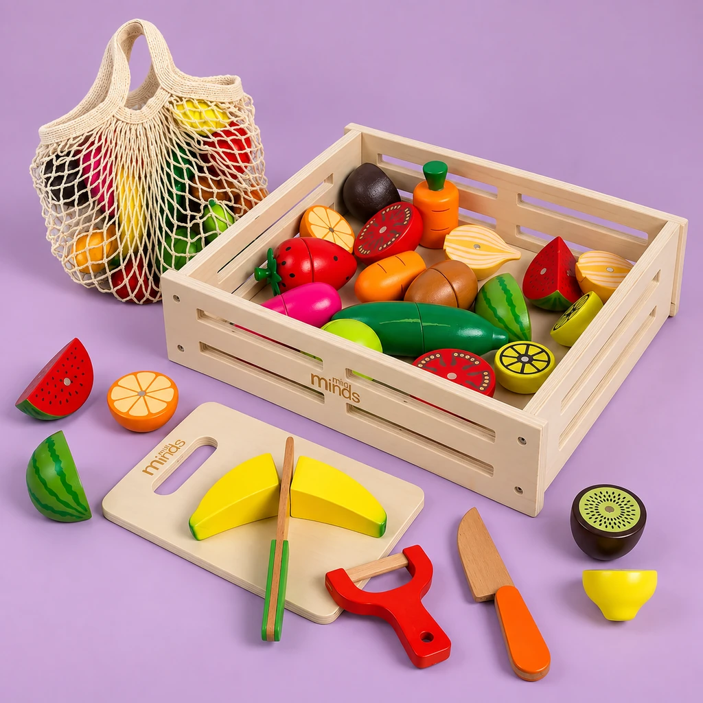 Wooden fruits and vegetables set on a lavender studio background