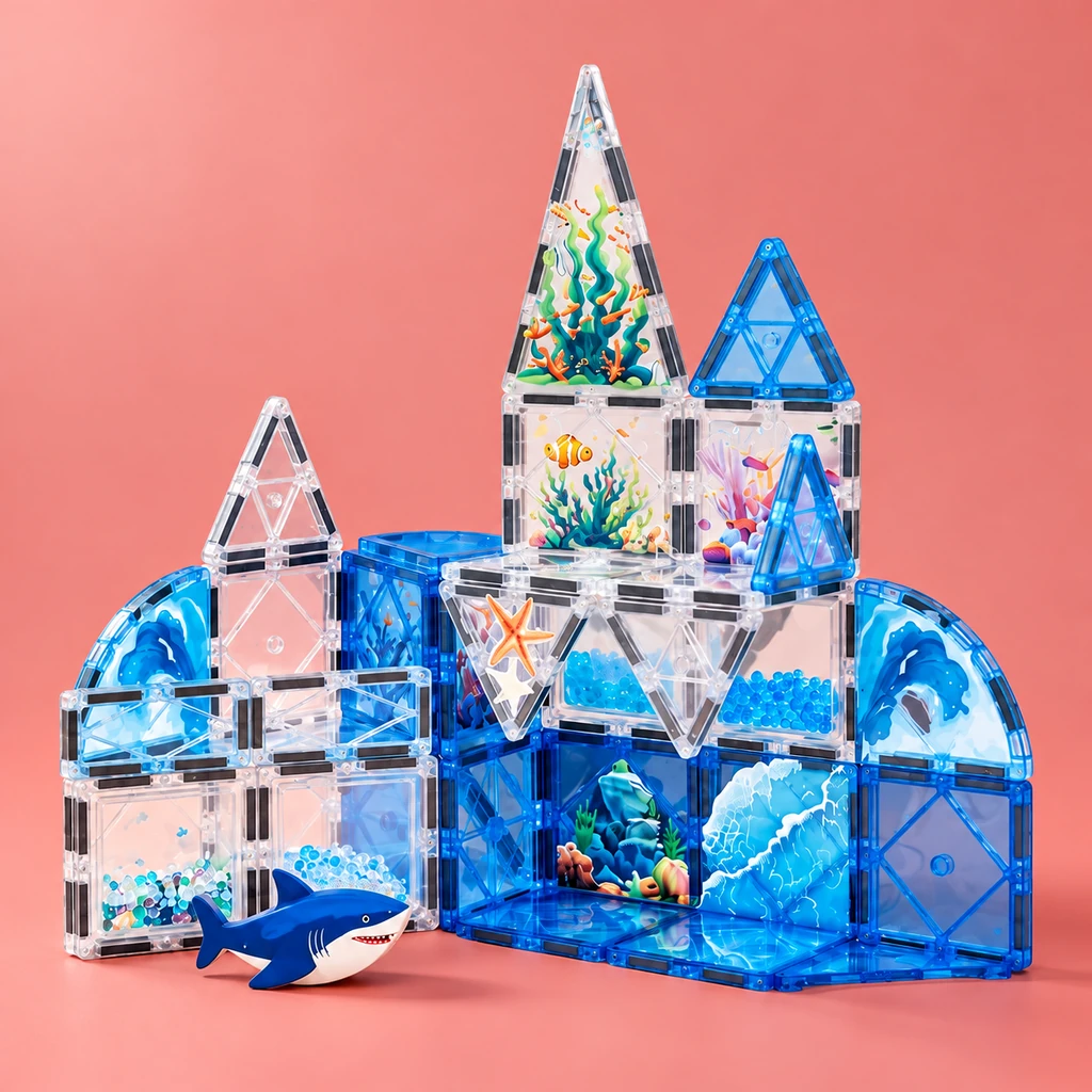 Ocean Magnetic Tiles castle on a coral studio background