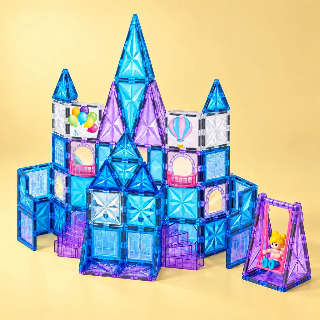 Star Shine Magnetic Tiles castle on a yellow studio background
