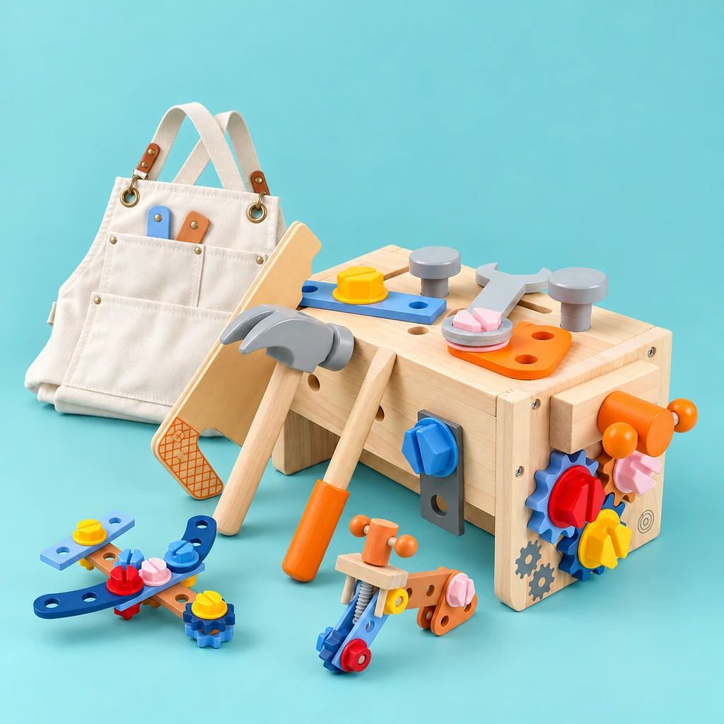 Wooden toolbox and tools on an aqua studio background