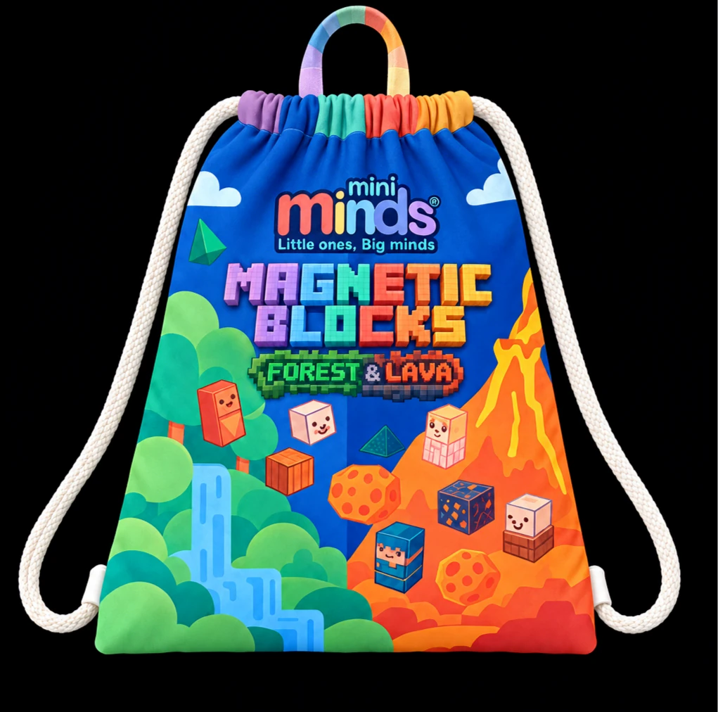 The Mini Minds Forest & Lava storage backpack, illustrated with a forest, volcano and magnetic characters.