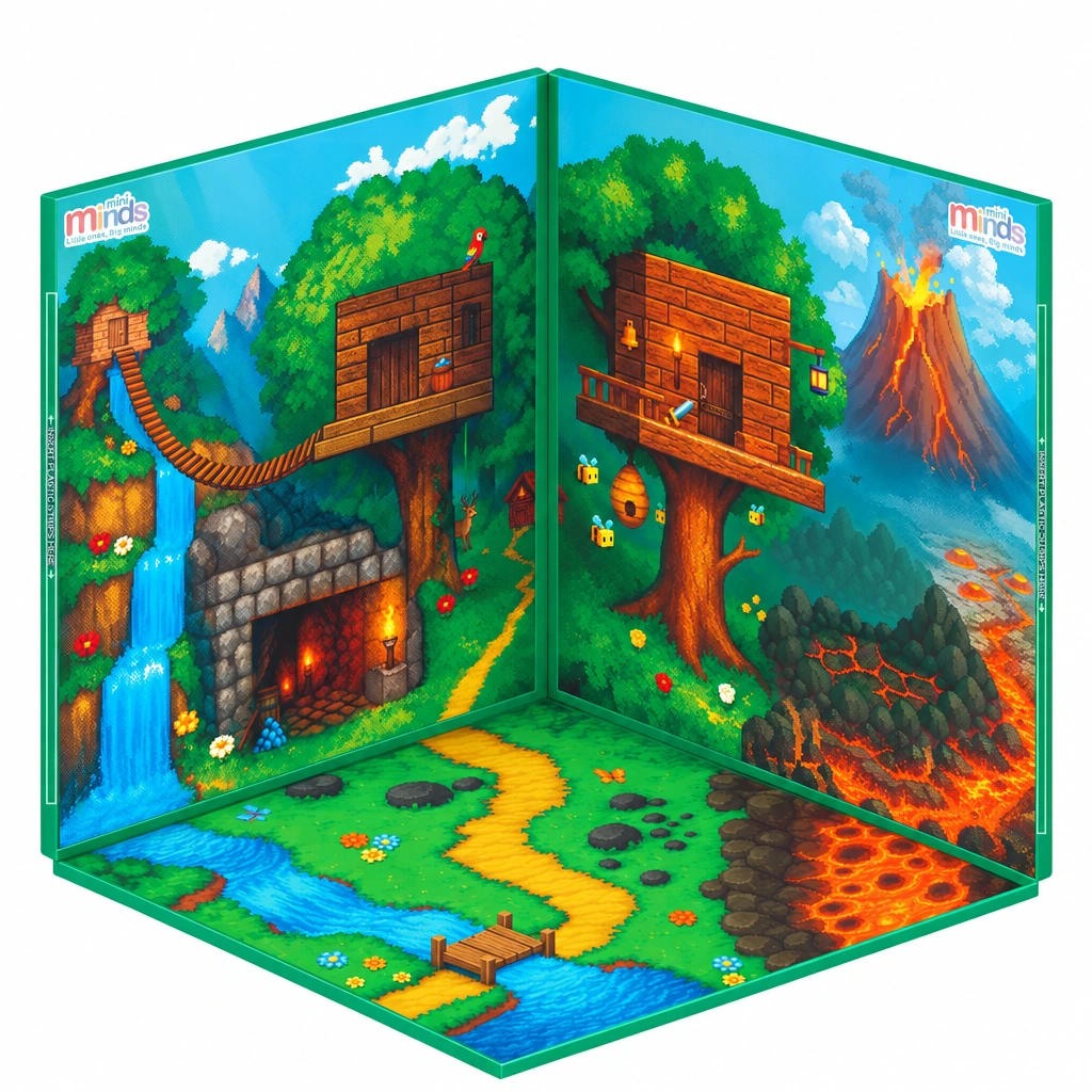 Scene side of the three printed boards, showing a forest, treehouses, river and volcano.