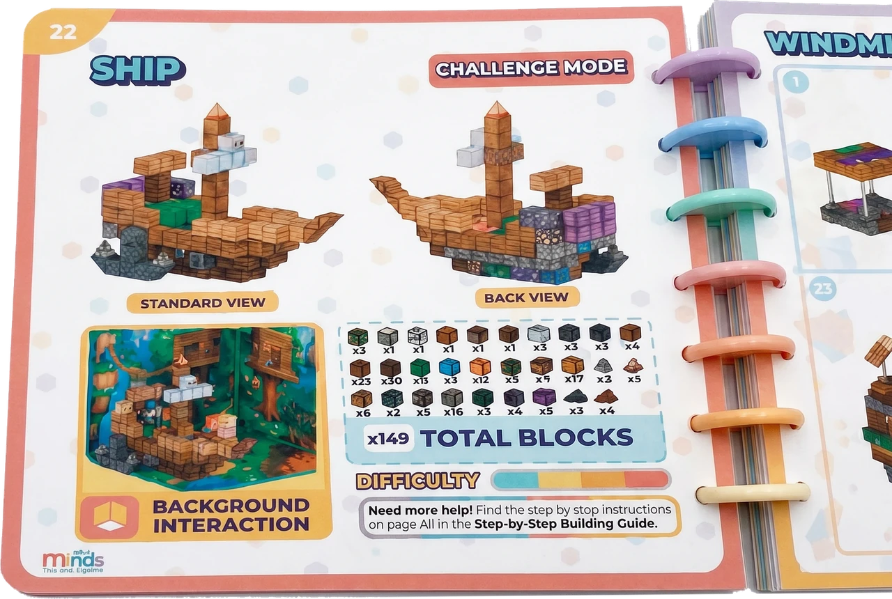 Actual building book spread showing the ship challenge, required blocks and the colorful page-binding discs.