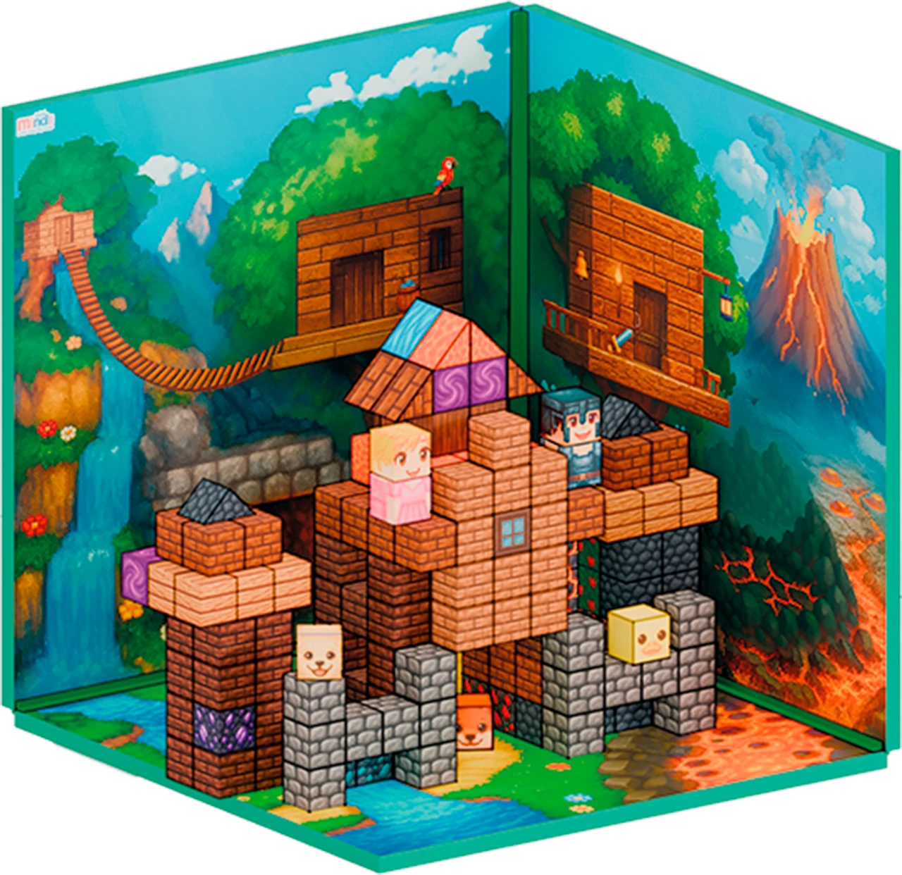 Magnetic castle with towers and character blocks, built within the printed boards.