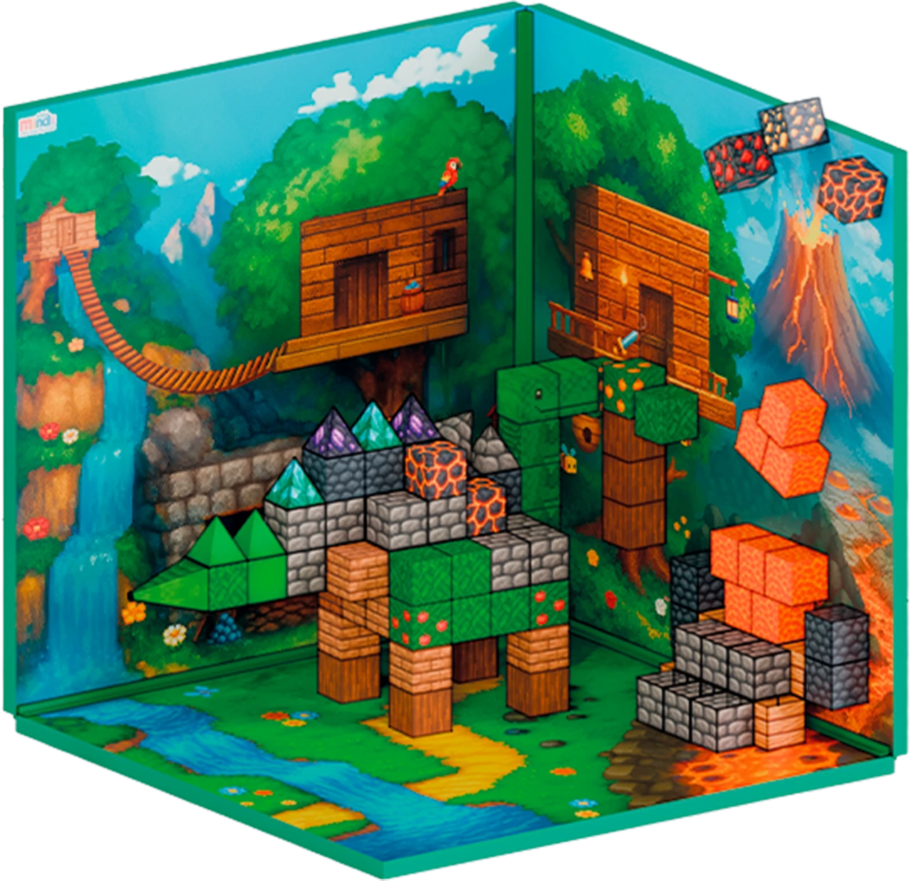 A green magnetic dinosaur with a long tail in the Forest & Lava setting.