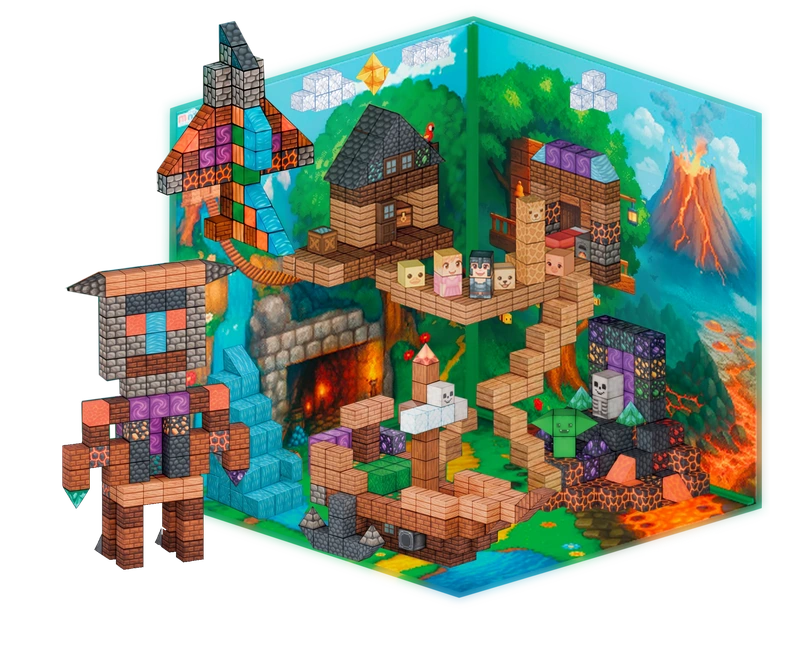 The complete Forest & Lava construction with a treehouse, airplane and ship.