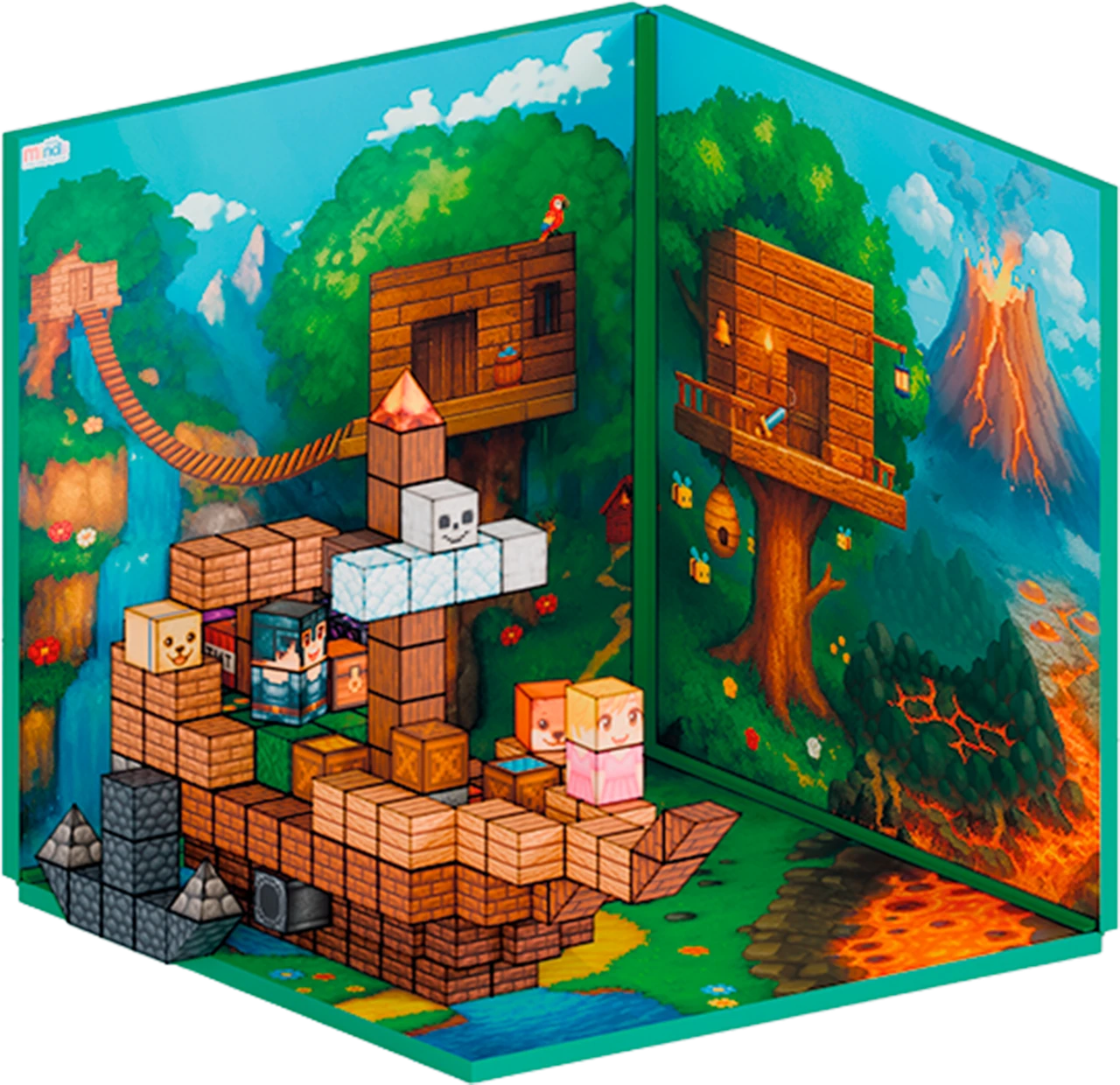 A magnetic ship with a tall mast and crew, inside the Forest & Lava boards.