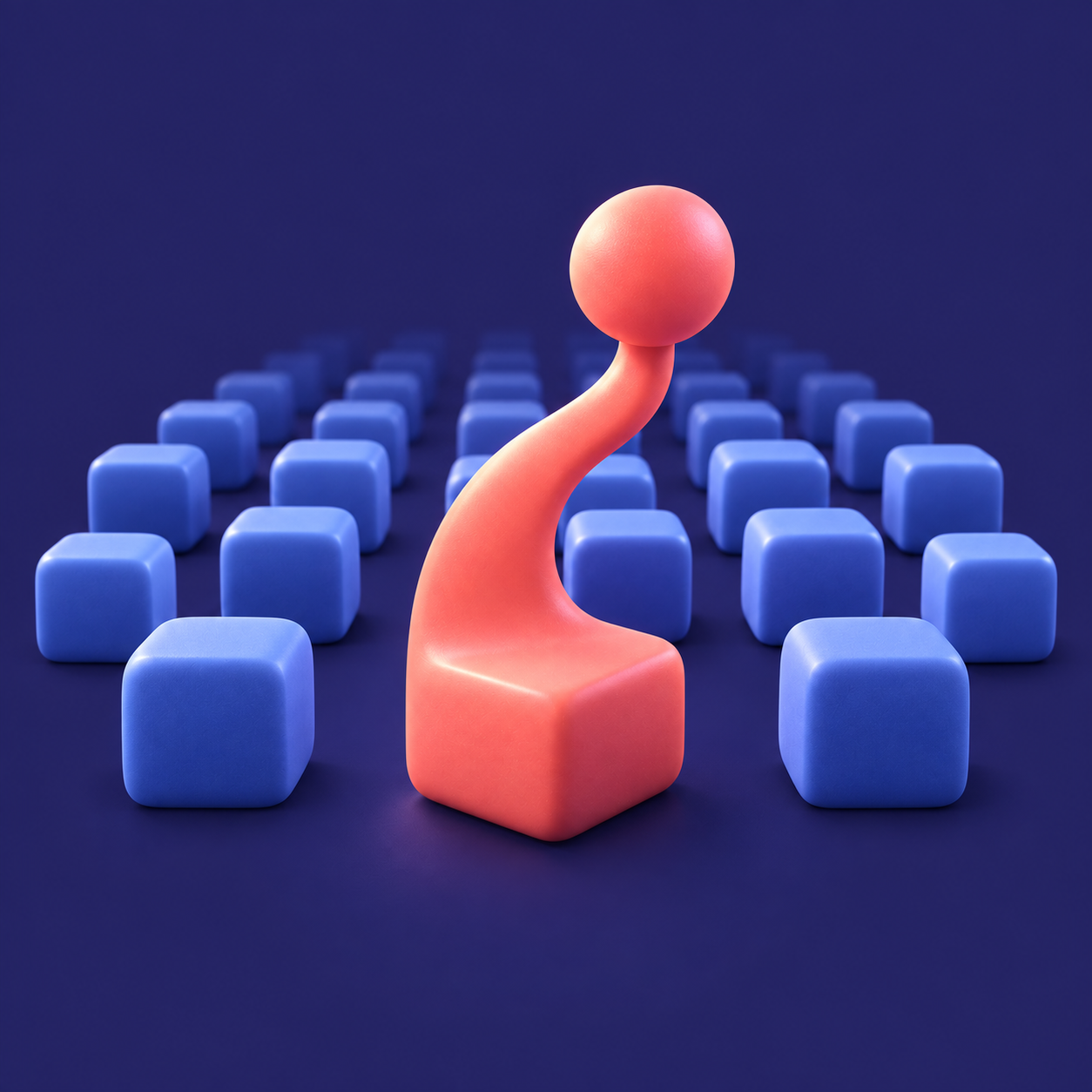 An unexpected coral form rises above orderly rows of identical blue cubes