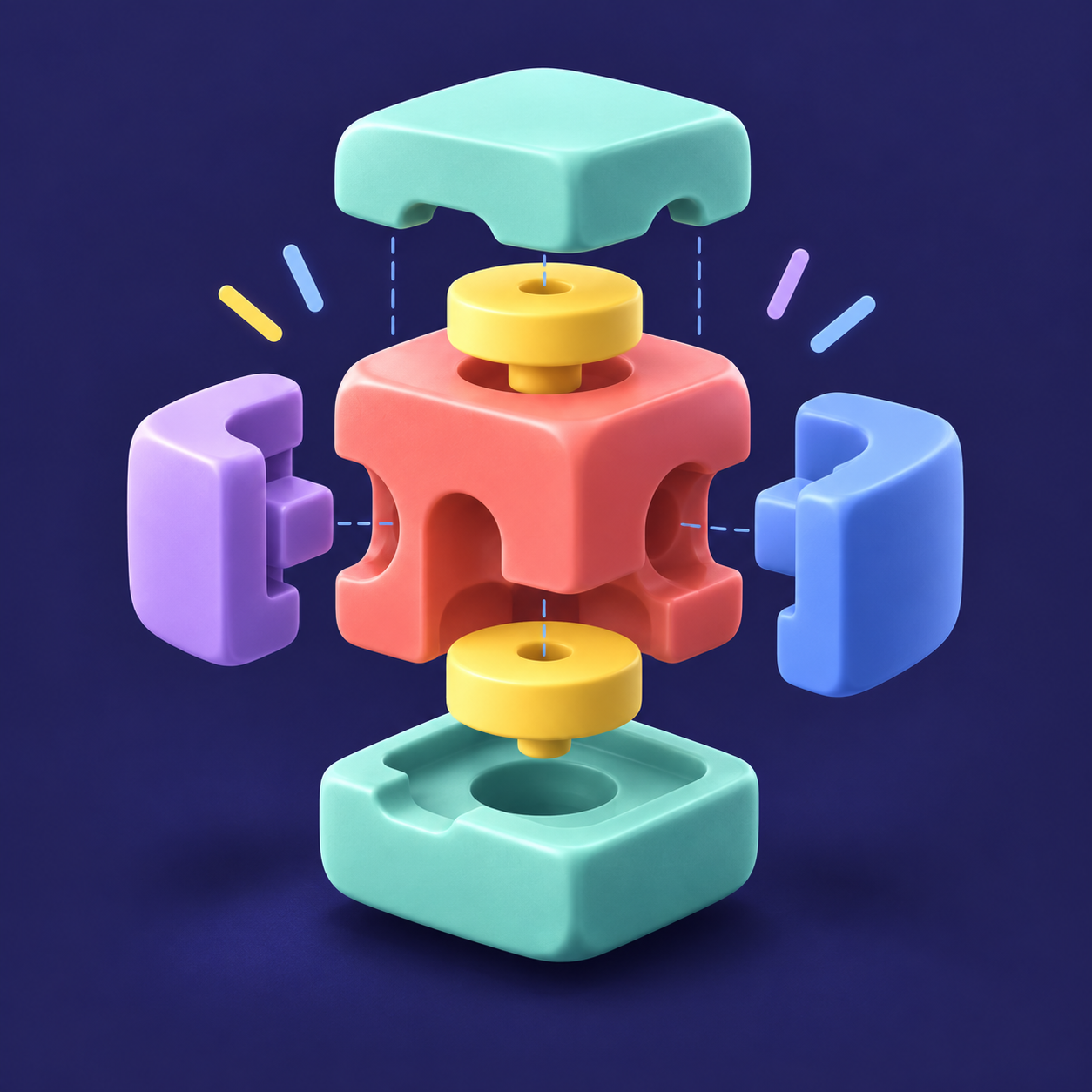 An exploded view reveals the distinctive connections inside a colorful rounded cube